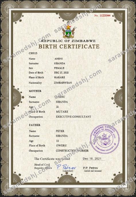 Zimbabwe vital record birth certificate PSD template